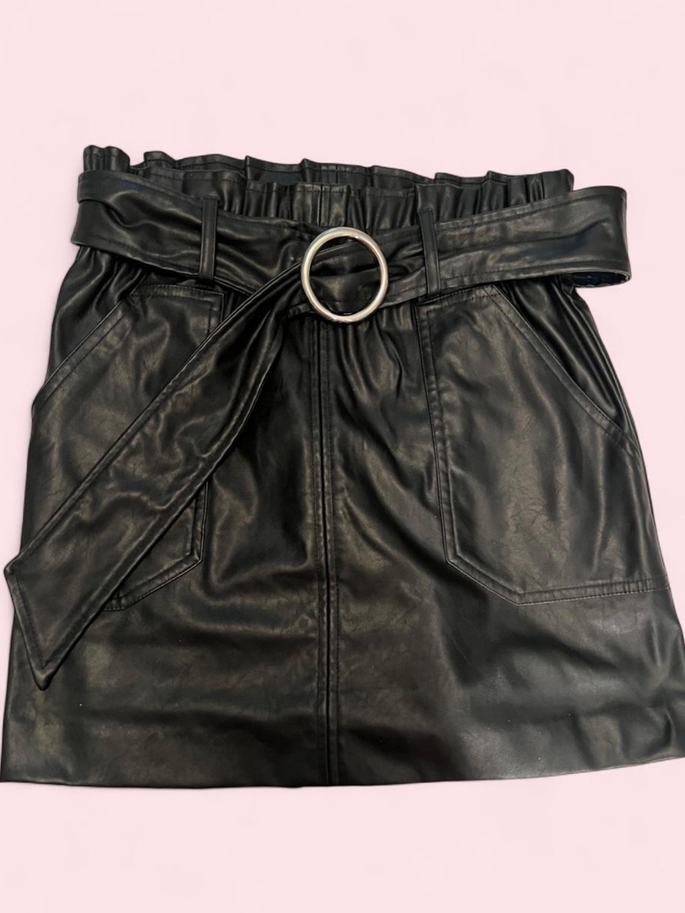 Bar III Black Faux Leather Paperbag Mini Skirt with Ring-Belt